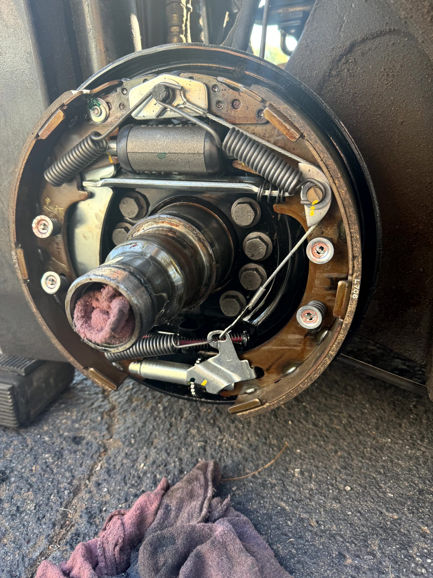 Forklift drum brake assembly during service