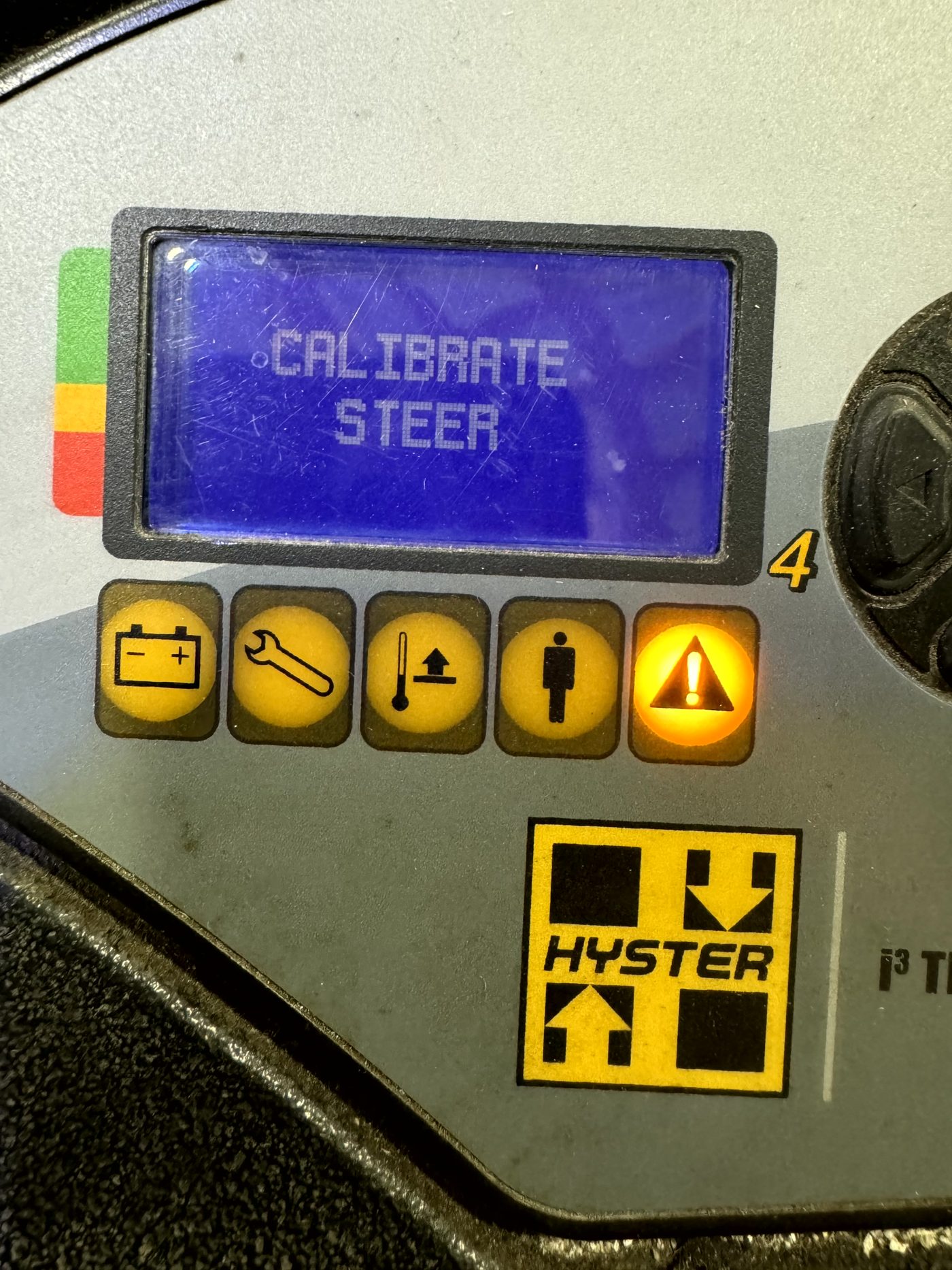 Hyster forklift display showing steer calibration procedure